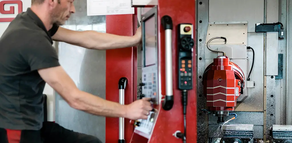 Zerspanungstechniker für Frästechnik bedienst eine CNC-Fräsmaschine mit geöffneter Bearbeitungskammer und roter Lackierung.
